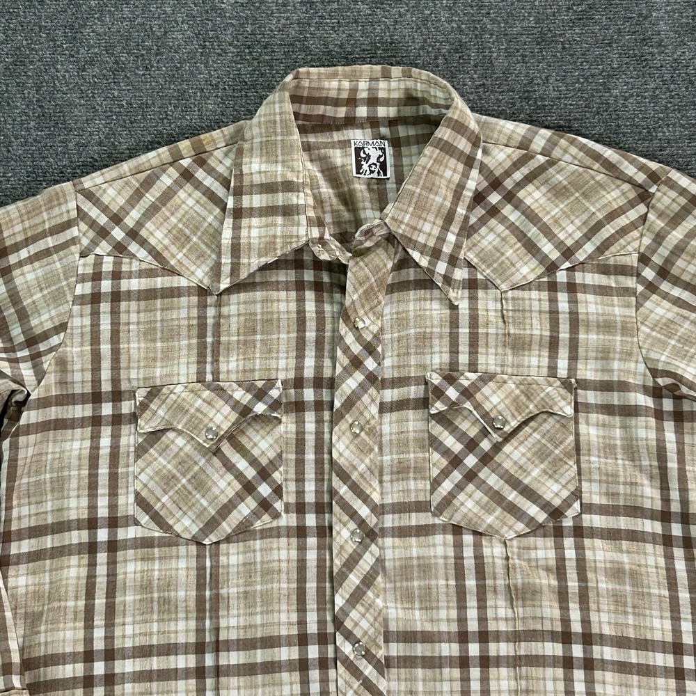 Karman‎ Shirt Mens Extra Large Pearl Snap Tan Plaid Cowboy Western VTG Classic